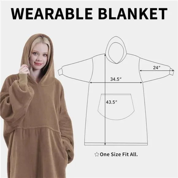 Oversized Flannel Wearable Blanket Hoodie for Adults, One Size Fits All, Camel